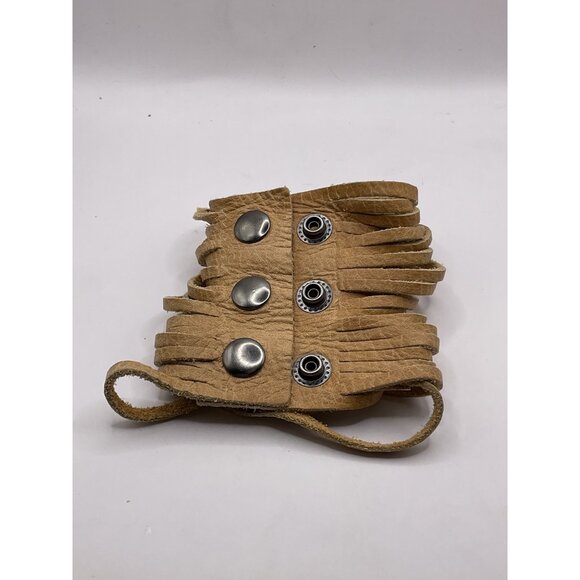 Tan Leather Fringe Cuff Bracelet Adjustable Snap Closures Unisex Bohemian Style - Picture 2 of 4